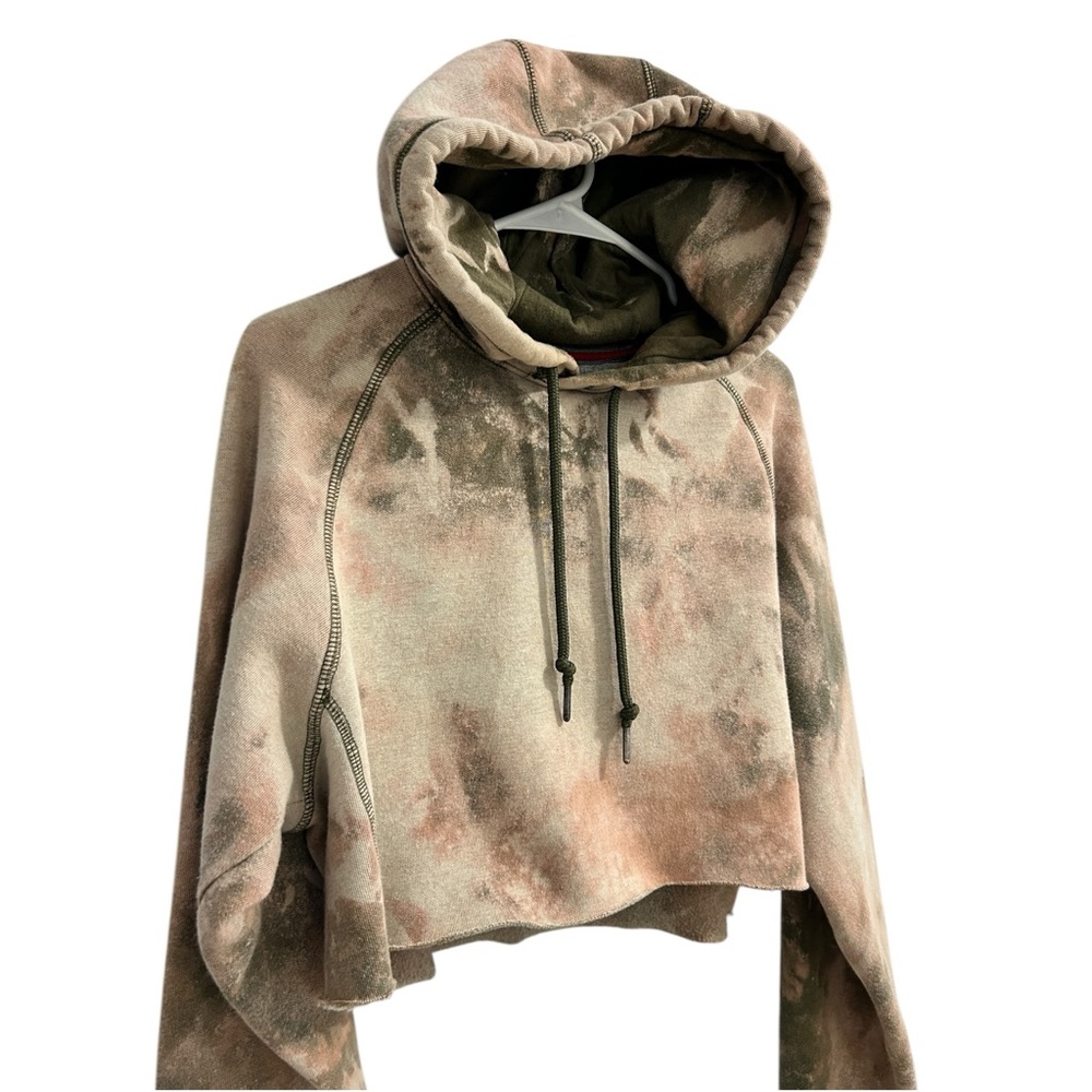 Russell Cropped Hoodie Tan Bleach Dye Premium Fleece Medium Pullover View 4